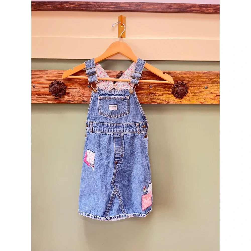Vtg. OshKosh Bgosh Girls Denim Overall Jumper Dress Floral Patchwork Blue Size 6